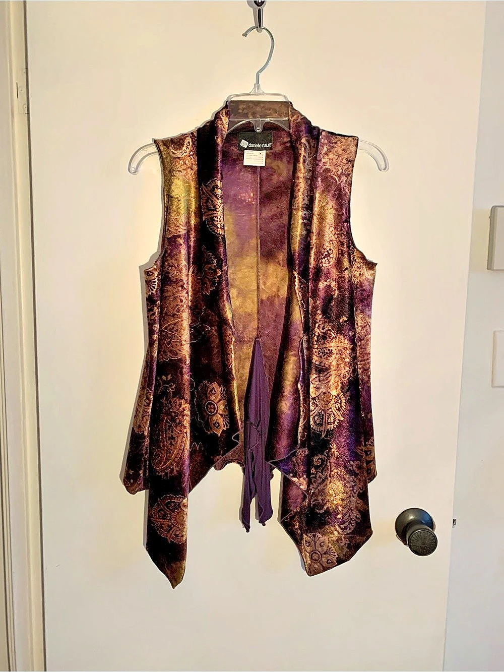 Danielle Nault ,Women's Paisley Draped Vest Velvet Purple & Brown Mtl designer